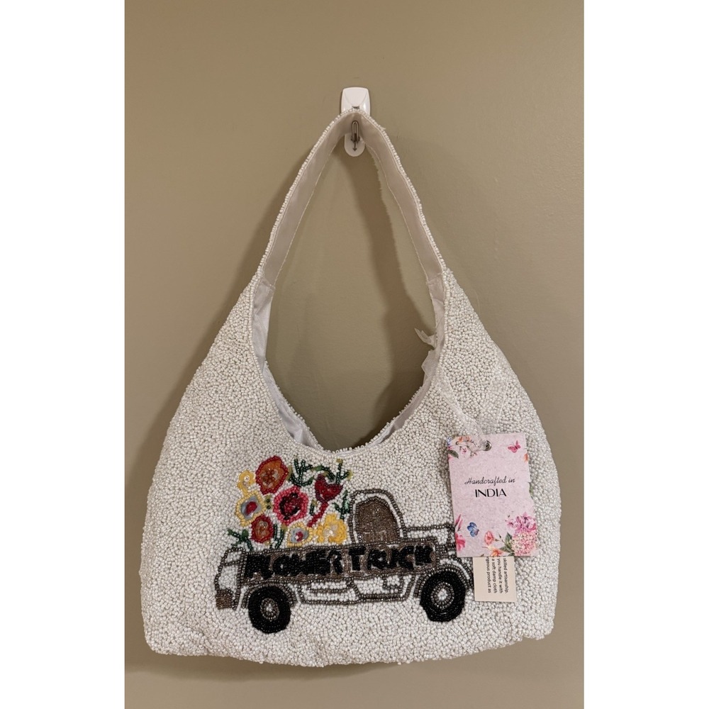 Handcrafted in India Flower Truck Butterfly Beaded Bag White NWT
